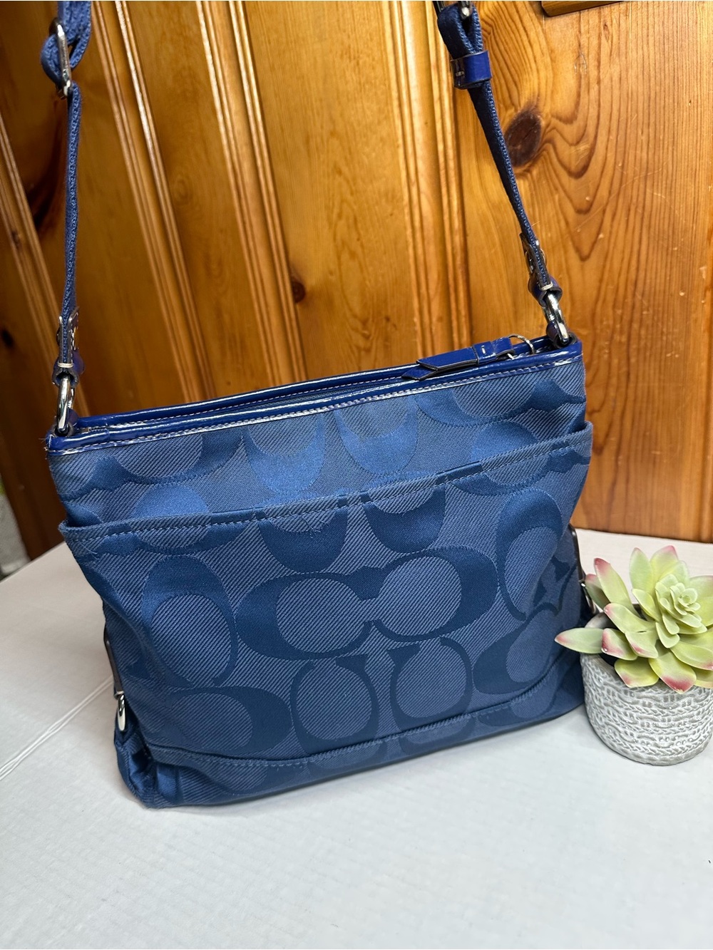 Coach Navy Signature Nylon Crossbody Bag - Picture 2 of 16